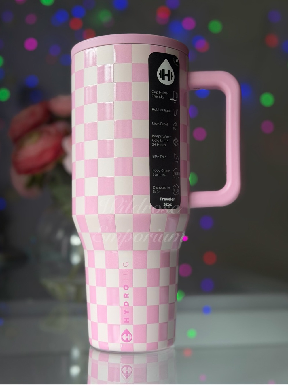 Hydrojug Pink Checkers 32OZ Traveler Tumbler New